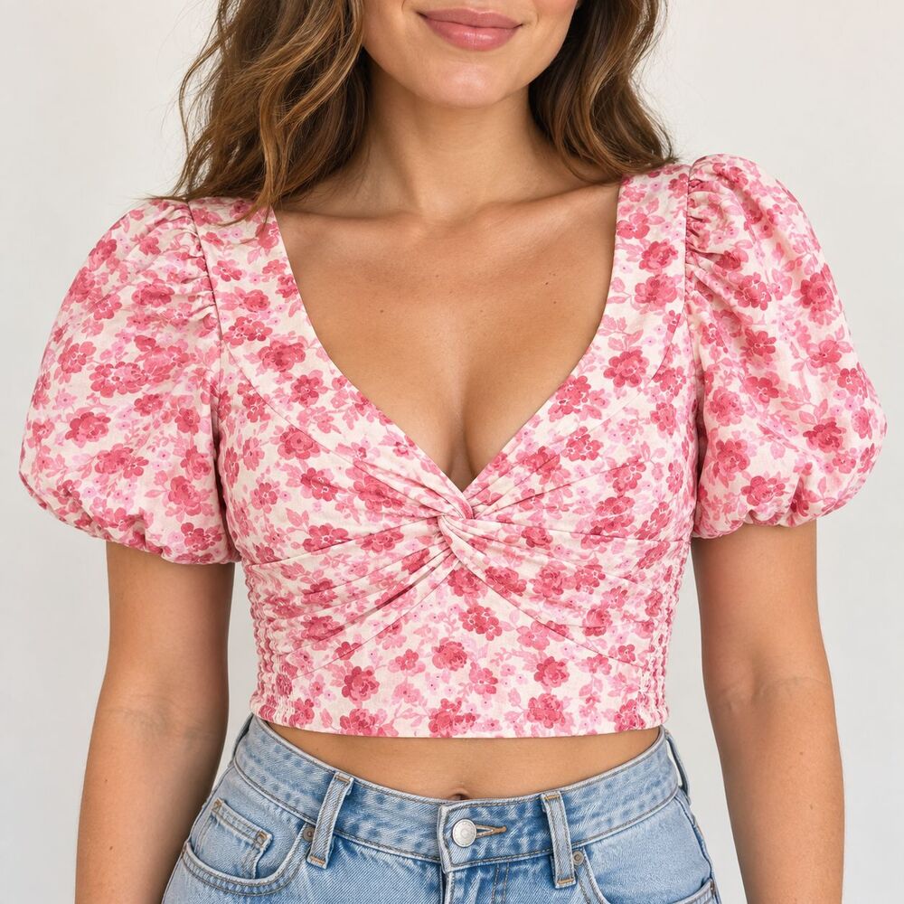 Midnight Sky Women’s Medium Pink Floral Linen Blend Puff Sleeve Crop Top Cottage